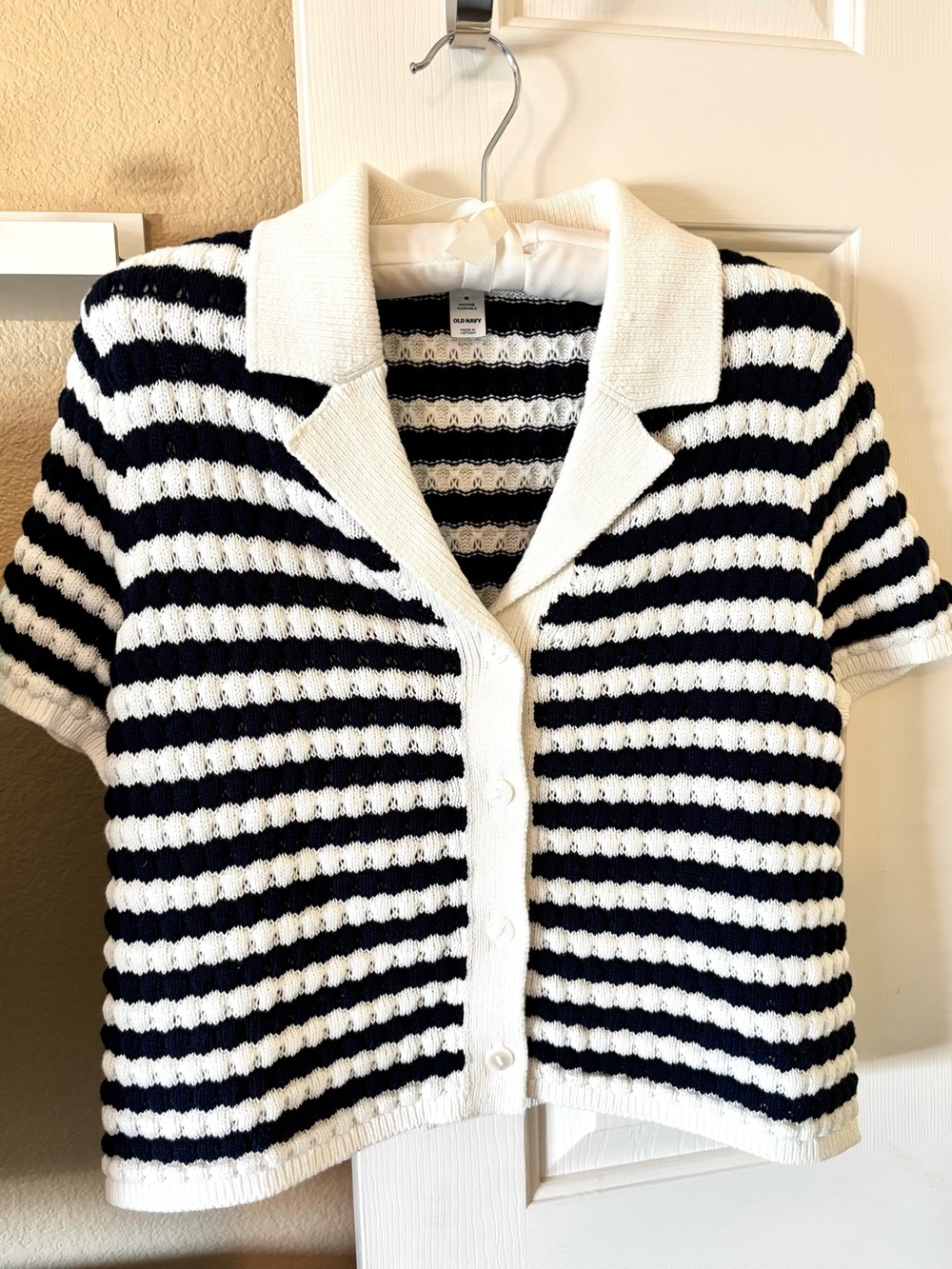 Old Navy Navy and White Striped Short-Sleeve Knit Cardigan